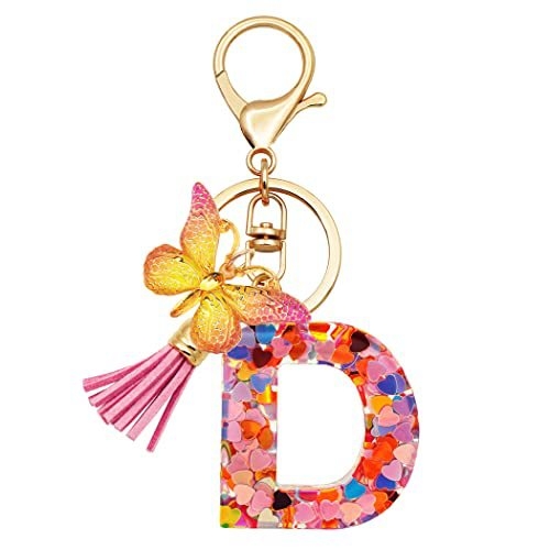 Breloc din rășină pentru fete cu inițiale, roz, violet, verde, în formă de inimă, fluture drăguț