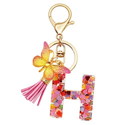 Breloc din rășină pentru fete cu inițiale, roz, violet, verde, în formă de inimă, fluture drăguț