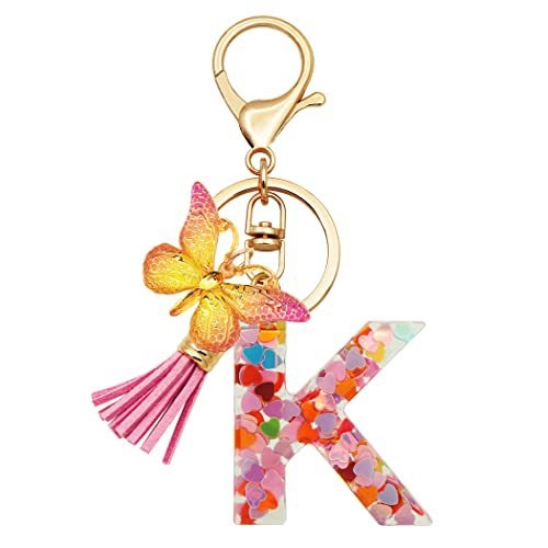 Breloc din rășină pentru fete cu inițiale, roz, violet, verde, în formă de inimă, fluture drăguț