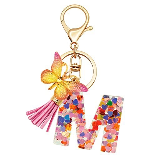 Breloc din rășină pentru fete cu inițiale, roz, violet, verde, în formă de inimă, fluture drăguț