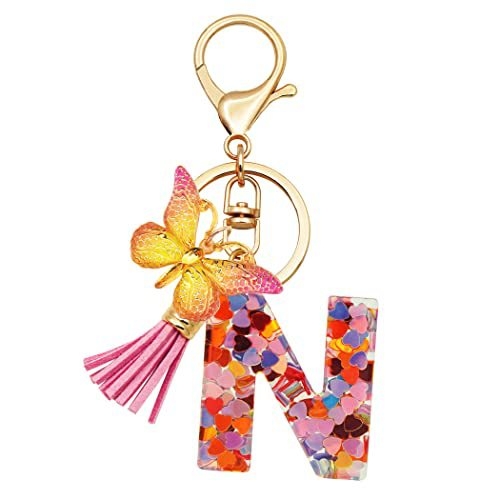 Breloc din rășină pentru fete cu inițiale, roz, violet, verde, în formă de inimă, fluture drăguț