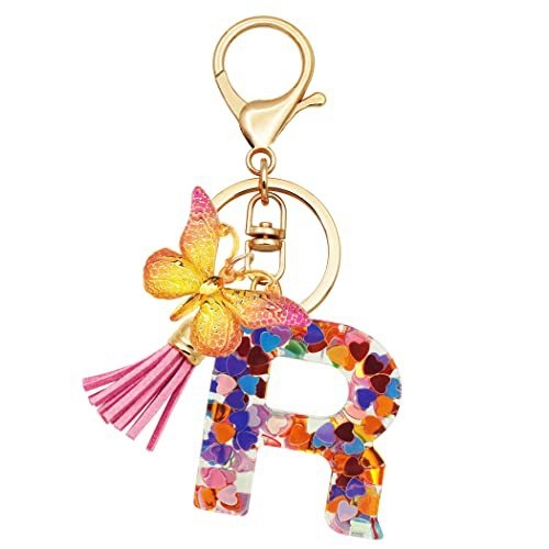 Breloc din rășină pentru fete cu inițiale, roz, violet, verde, în formă de inimă, fluture drăguț