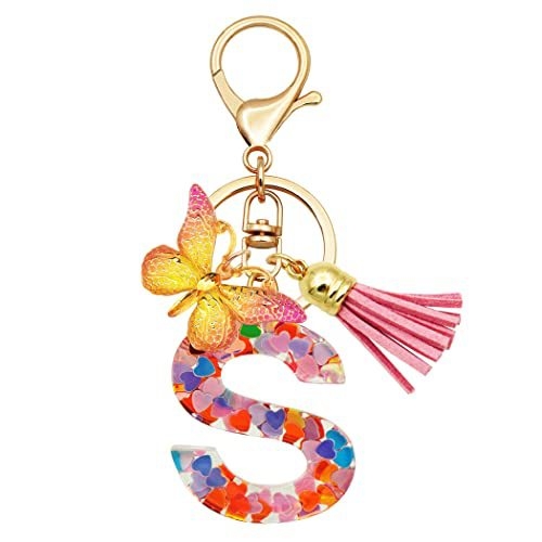 Breloc din rășină pentru fete cu inițiale, roz, violet, verde, în formă de inimă, fluture drăguț