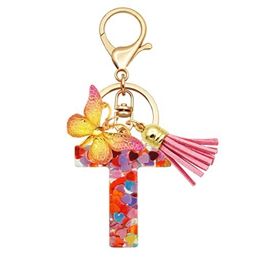 Breloc din rășină pentru fete cu inițiale, roz, violet, verde, în formă de inimă, fluture drăguț