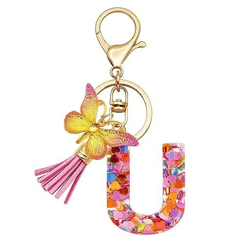 Breloc din rășină pentru fete cu inițiale, roz, violet, verde, în formă de inimă, fluture drăguț