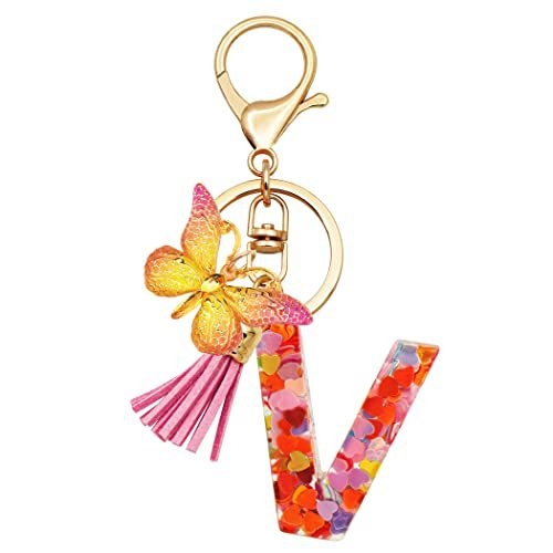 Breloc din rășină pentru fete cu inițiale, roz, violet, verde, în formă de inimă, fluture drăguț