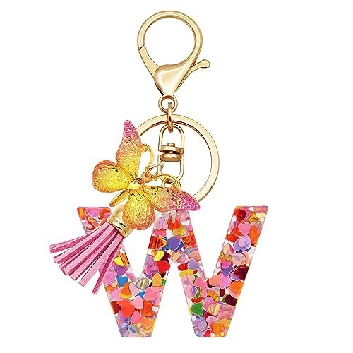 Breloc din rășină pentru fete cu inițiale, roz, violet, verde, în formă de inimă, fluture drăguț