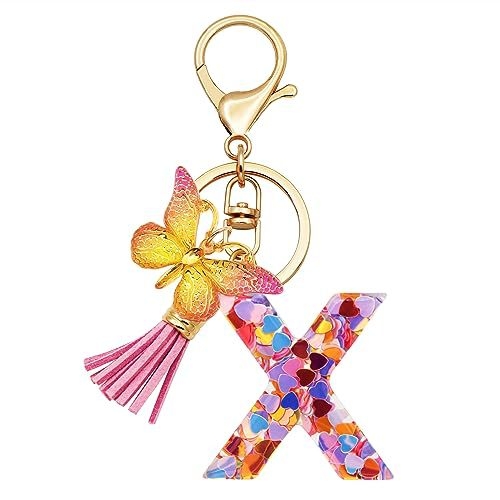 Breloc din rășină pentru fete cu inițiale, roz, violet, verde, în formă de inimă, fluture drăguț