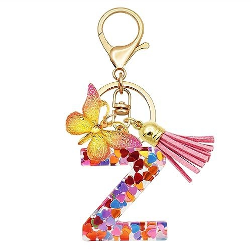 Breloc din rășină pentru fete cu inițiale, roz, violet, verde, în formă de inimă, fluture drăguț