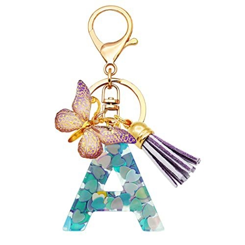 Breloc din rășină pentru fete cu inițiale, roz, violet, verde, în formă de inimă, fluture drăguț