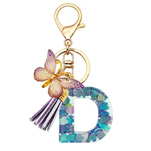 Breloc din rășină pentru fete cu inițiale, roz, violet, verde, în formă de inimă, fluture drăguț