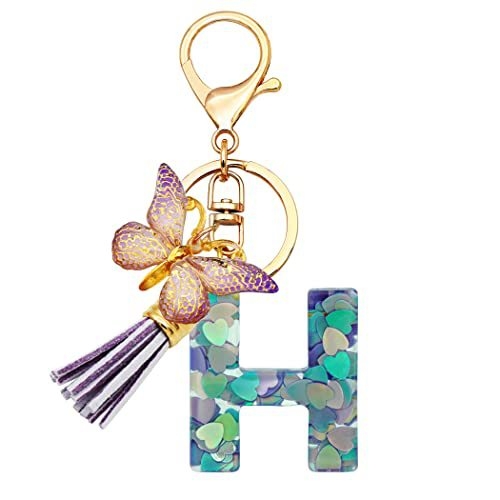Breloc din rășină pentru fete cu inițiale, roz, violet, verde, în formă de inimă, fluture drăguț