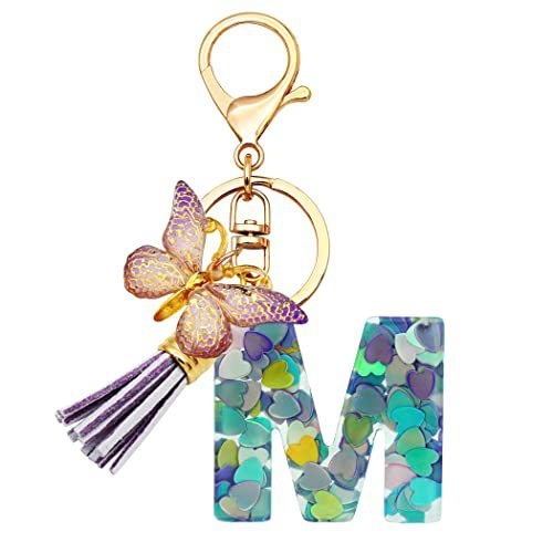 Breloc din rășină pentru fete cu inițiale, roz, violet, verde, în formă de inimă, fluture drăguț