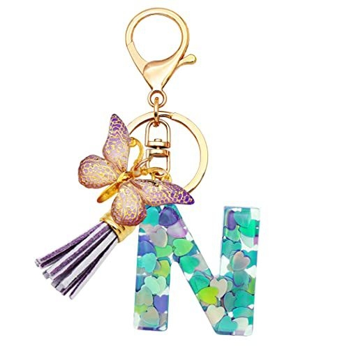 Breloc din rășină pentru fete cu inițiale, roz, violet, verde, în formă de inimă, fluture drăguț