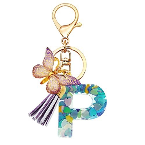 Breloc din rășină pentru fete cu inițiale, roz, violet, verde, în formă de inimă, fluture drăguț