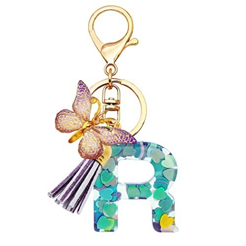 Breloc din rășină pentru fete cu inițiale, roz, violet, verde, în formă de inimă, fluture drăguț