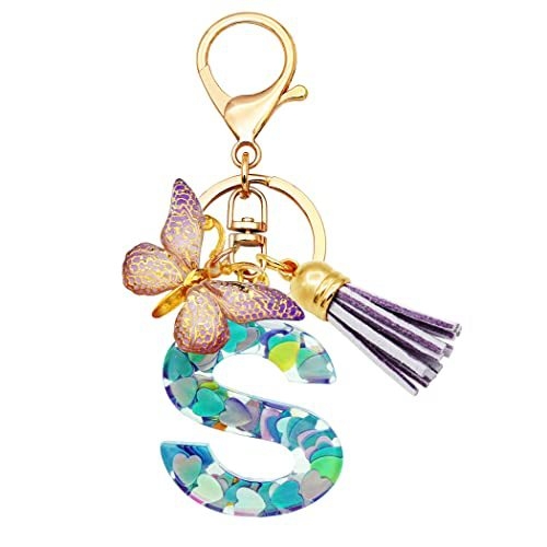 Breloc din rășină pentru fete cu inițiale, roz, violet, verde, în formă de inimă, fluture drăguț