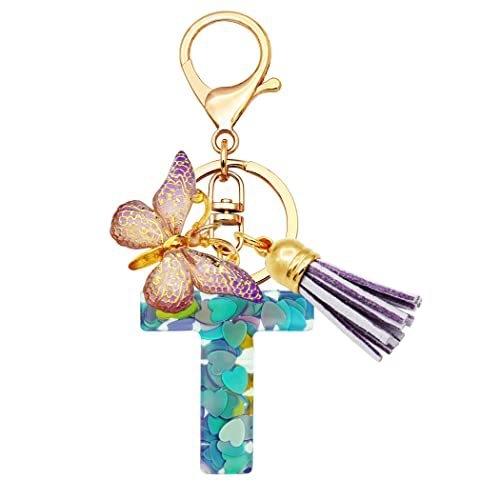 Breloc din rășină pentru fete cu inițiale, roz, violet, verde, în formă de inimă, fluture drăguț