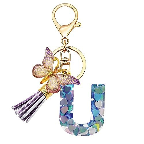 Breloc din rășină pentru fete cu inițiale, roz, violet, verde, în formă de inimă, fluture drăguț