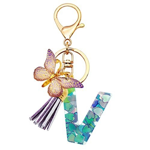 Breloc din rășină pentru fete cu inițiale, roz, violet, verde, în formă de inimă, fluture drăguț