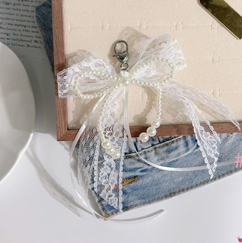 Korea stiilis superhaldjast valge paelaga lipsuga pärlmuttervõtmehoidja, armas pitsist vöökoti ripats, Chaneli stiilis