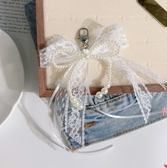 Korejiešu stila super feja balta lentes bantīte pērļu atslēgu piekariņa somiņa ar saldu mežģīņu jostas somiņu kulons Chanel stilā