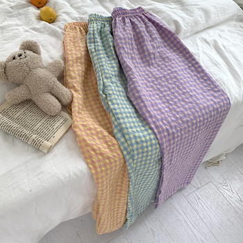 Нови карирани шорти за жени, тънки бонбонени цветове, корейски памучни спортни панталони с висока талия, свободни, ежедневни, прави пижамни панталони