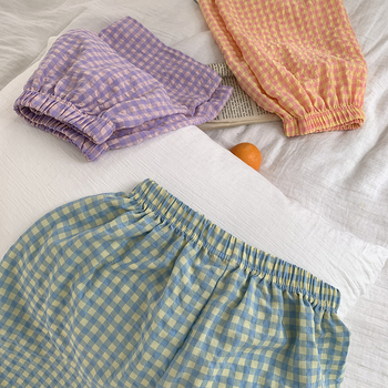 Нови карирани шорти за жени, тънки бонбонени цветове, корейски памучни спортни панталони с висока талия, свободни, ежедневни, прави пижамни панталони