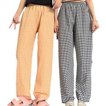 Нови карирани шорти за жени, тънки бонбонени цветове, корейски памучни спортни панталони с висока талия, свободни, ежедневни, прави пижамни панталони