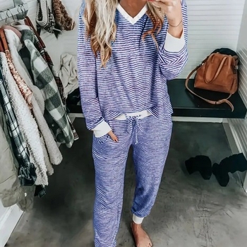 Ευρωπαϊκό και Αμερικανικό Διασυνοριακό Φθινόπωρο και Χειμώνας Άνετα Ριγέ Στάμπες Casual Ρούχα για το Σπίτι Μακρυμάνικα Μπλούζες με V Λαιμόκοψη και Παντελόνια Jogging