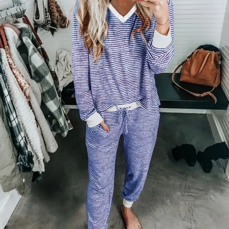 Costume casual europene și americane transfrontaliere toamna și iarna confortabile cu dungi imprimate, haine de casă, topuri și pantaloni de jogging cu mânecă lungă și decolteu în V