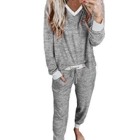Costume casual europene și americane transfrontaliere toamna și iarna confortabile cu dungi imprimate, haine de casă, topuri și pantaloni de jogging cu mânecă lungă și decolteu în V