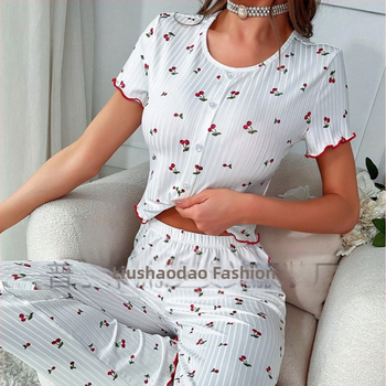 Ευρωπαϊκή και αμερικανική πιτζάμα με σχέδιο κερασιάς, ξύλινο αυτί με κουμπιά στο μπροστινό μέρος, κοντομάνικο παντελόνι, γυναικείο σπίτι