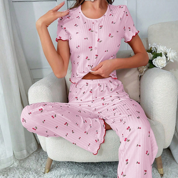 Ευρωπαϊκή και αμερικανική πιτζάμα με σχέδιο κερασιάς, ξύλινο αυτί με κουμπιά στο μπροστινό μέρος, κοντομάνικο παντελόνι, γυναικείο σπίτι