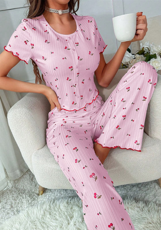 Europske i američke pidžame s prekograničnim shein uzorkom trešnje, drvenim ušima s prednjim gumbima, kratkim rukavima, odijelo za žensku kućnu odjeću