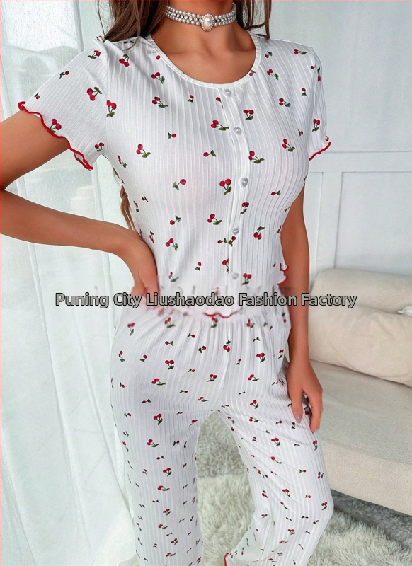 Europske i američke pidžame s prekograničnim shein uzorkom trešnje, drvenim ušima s prednjim gumbima, kratkim rukavima, odijelo za žensku kućnu odjeću