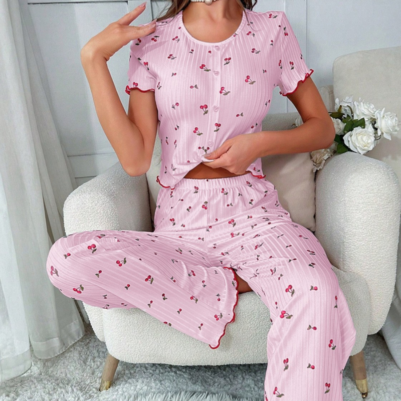 Europske i američke pidžame s prekograničnim shein uzorkom trešnje, drvenim ušima s prednjim gumbima, kratkim rukavima, odijelo za žensku kućnu odjeću