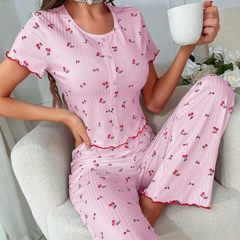 Europske i američke pidžame s prekograničnim shein uzorkom trešnje, drvenim ušima s prednjim gumbima, kratkim rukavima, odijelo za žensku kućnu odjeću