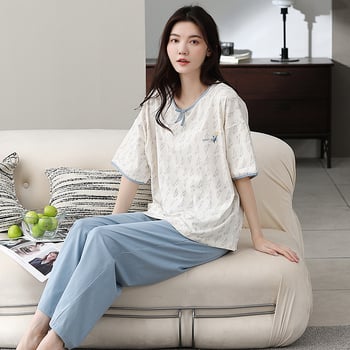 Pijamale de vară Caini Love pentru femei, casual, din bumbac, cu guler înalt, pulover, cu mânecă scurtă, pantaloni din bumbac pentru tinere, costum de casă