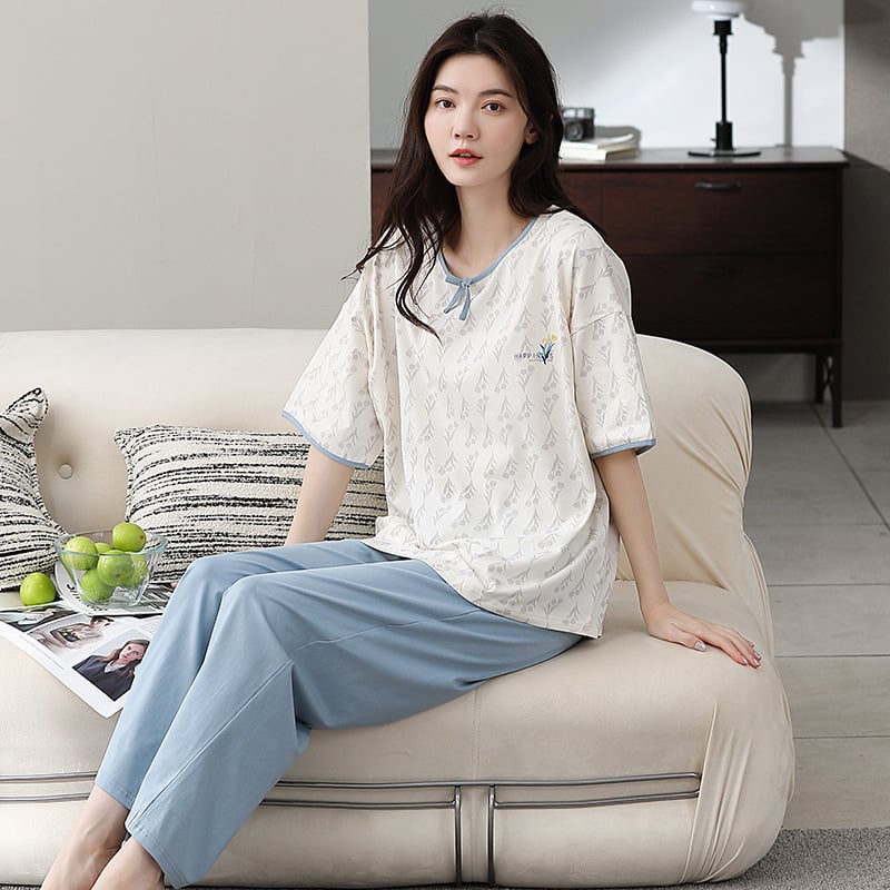 Pijamale de vară Caini Love pentru femei, casual, din bumbac, cu guler înalt, pulover, cu mânecă scurtă, pantaloni din bumbac pentru tinere, costum de casă