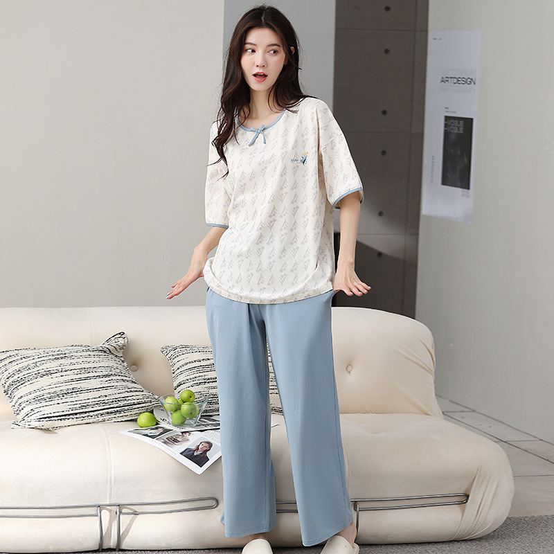 Pijamale de vară Caini Love pentru femei, casual, din bumbac, cu guler înalt, pulover, cu mânecă scurtă, pantaloni din bumbac pentru tinere, costum de casă