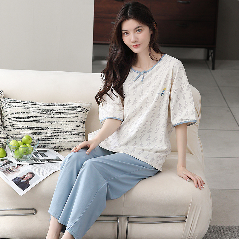 Pijamale de vară Caini Love pentru femei, casual, din bumbac, cu guler înalt, pulover, cu mânecă scurtă, pantaloni din bumbac pentru tinere, costum de casă