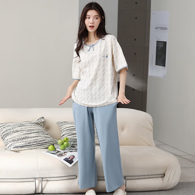 Pijamale de vară Caini Love pentru femei, casual, din bumbac, cu guler înalt, pulover, cu mânecă scurtă, pantaloni din bumbac pentru tinere, costum de casă