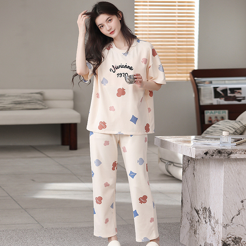 Pijamale de vară Caini Love pentru femei, casual, din bumbac, cu guler înalt, pulover, cu mânecă scurtă, pantaloni din bumbac pentru tinere, costum de casă