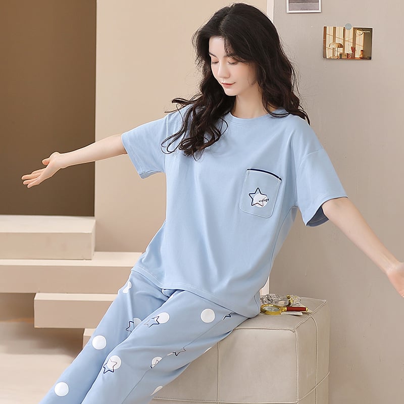 Pijamale de vară Caini Love pentru femei, casual, din bumbac, cu guler înalt, pulover, cu mânecă scurtă, pantaloni din bumbac pentru tinere, costum de casă