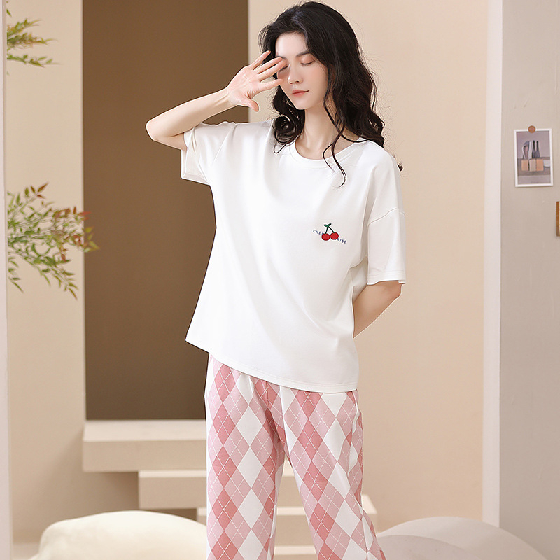 Pijamale de vară Caini Love pentru femei, casual, din bumbac, cu guler înalt, pulover, cu mânecă scurtă, pantaloni din bumbac pentru tinere, costum de casă