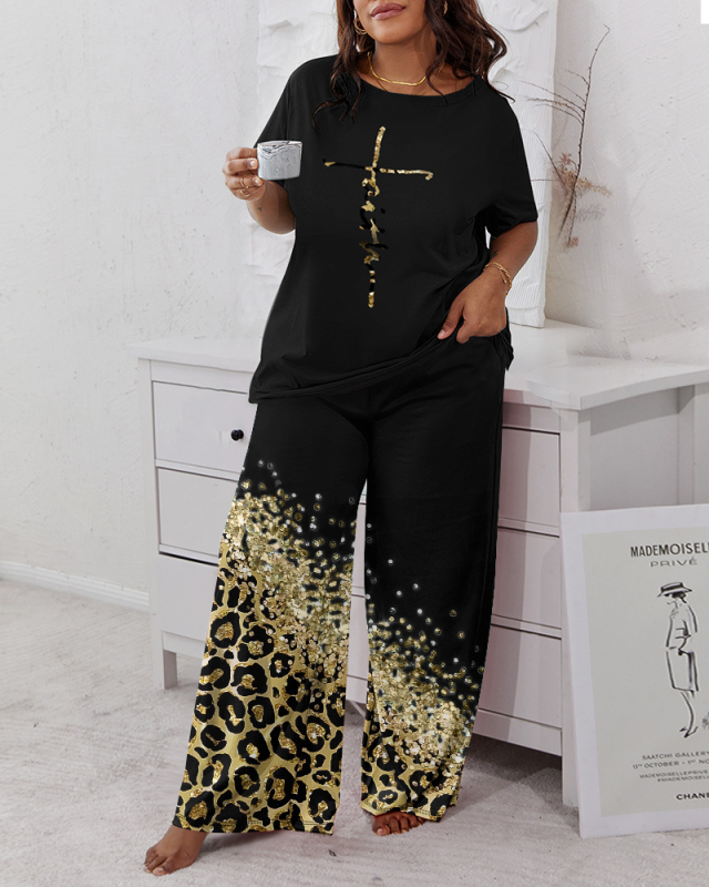 Vanjska trgovina prekogranična 2023. Novo pismo pidžama kratkih rukava + dvodijelno odijelo s leopard printom