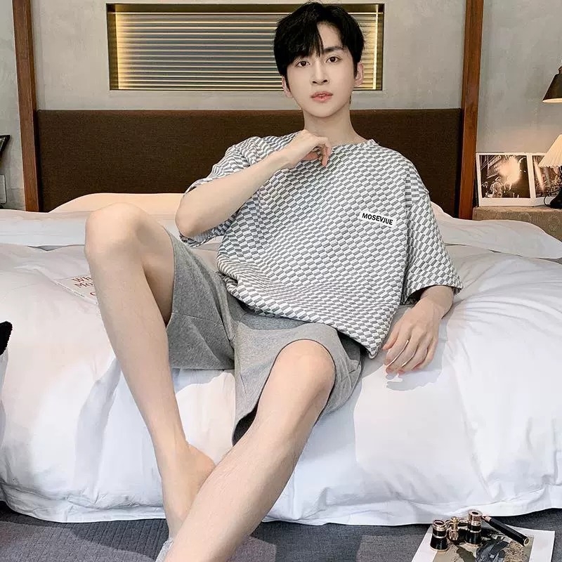 Vasarinės vyriškos pižamos, vyriškos vasarinės medvilninės animacinių filmukų stiliaus pižamos, vidutinio ir didelio dydžio, vaikiškos, vasarinės, namų aprangos, trumpomis rankovėmis, jaunimo, korėjietiško stiliaus, plonos, trumpomis rankovėmis.