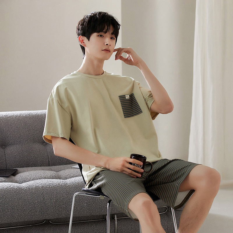 Vasarinės vyriškos pižamos, vyriškos vasarinės medvilninės animacinių filmukų stiliaus pižamos, vidutinio ir didelio dydžio, vaikiškos, vasarinės, namų aprangos, trumpomis rankovėmis, jaunimo, korėjietiško stiliaus, plonos, trumpomis rankovėmis.