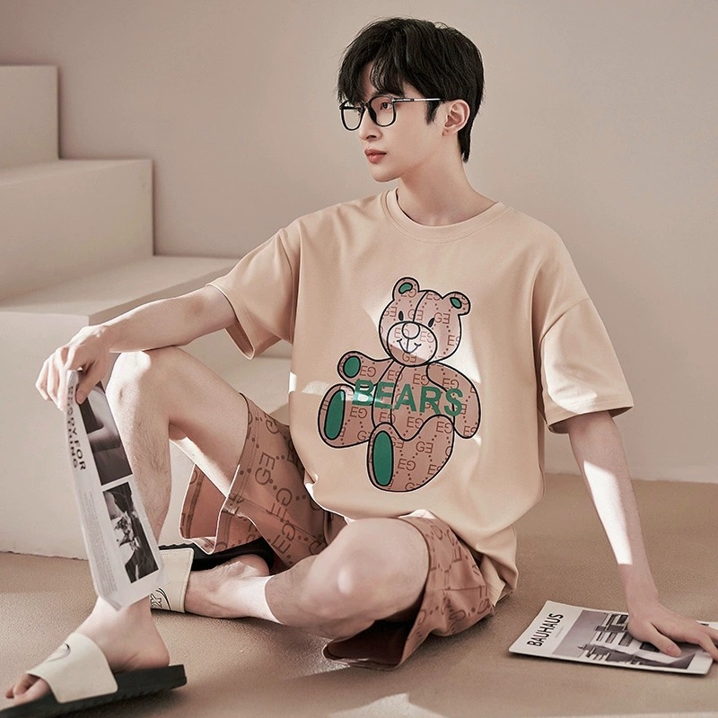 Vasarinės vyriškos pižamos, vyriškos vasarinės medvilninės animacinių filmukų stiliaus pižamos, vidutinio ir didelio dydžio, vaikiškos, vasarinės, namų aprangos, trumpomis rankovėmis, jaunimo, korėjietiško stiliaus, plonos, trumpomis rankovėmis.